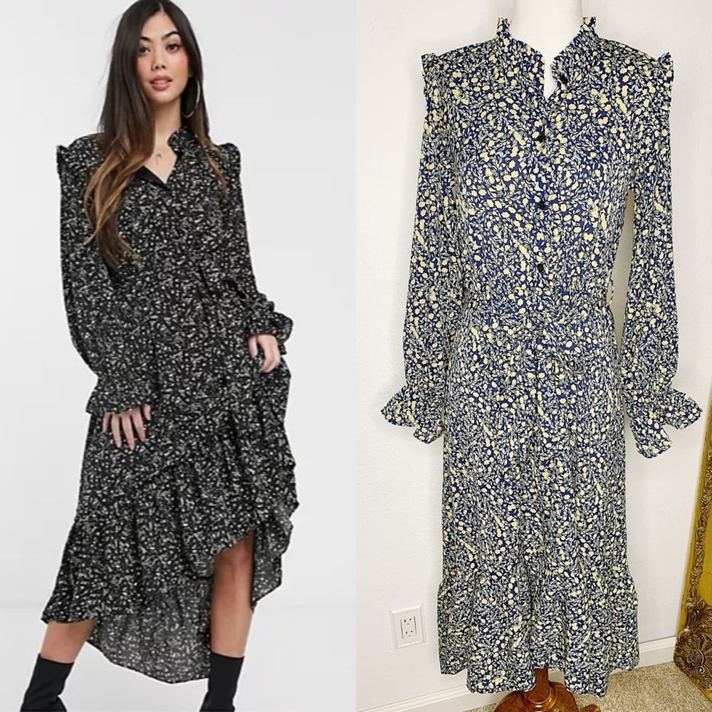 NWT Missguided Frill Neck Midi Smock Long Sleeve Dress Floral Print Size 0 Tall